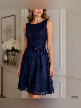 NWOT Tahari Elegant Navy Lace Overlay Sparkle Rhinestone Cocktail Bow Dress, 6